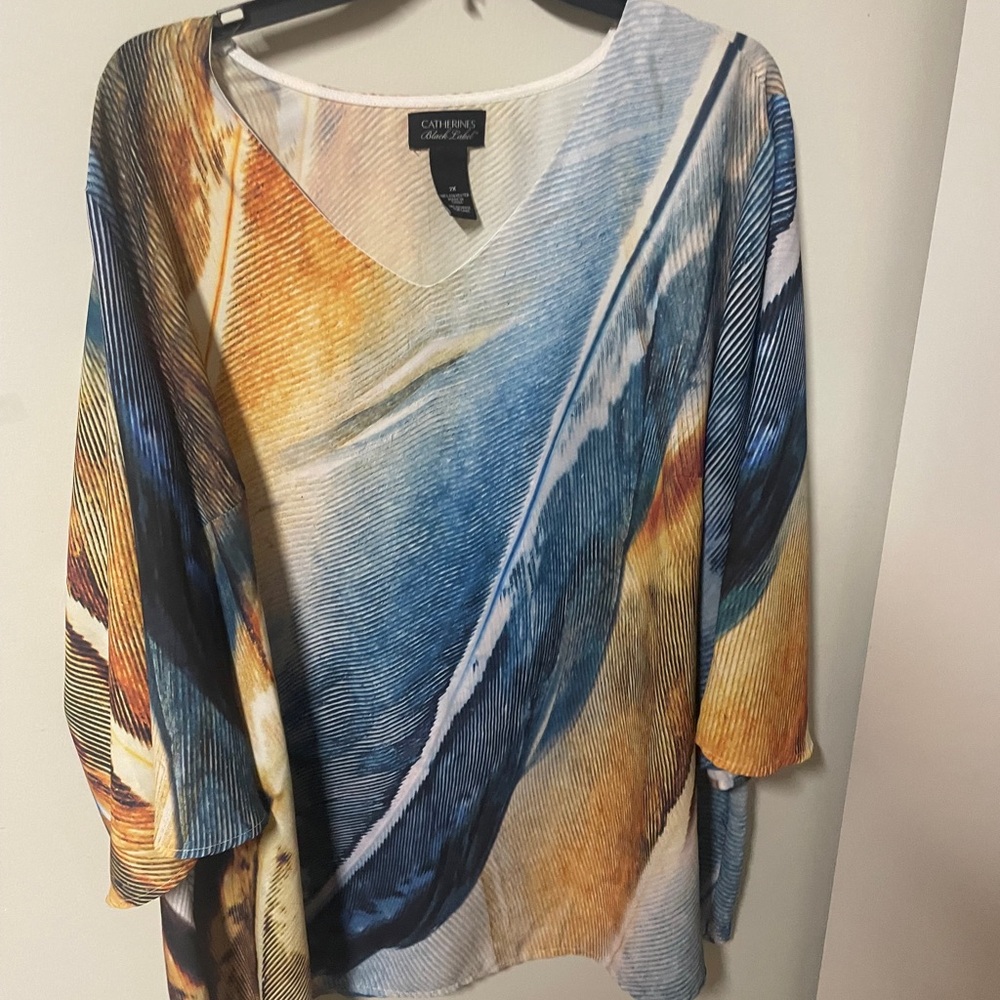 Catherines Blue and Orange Feather Print Blouse